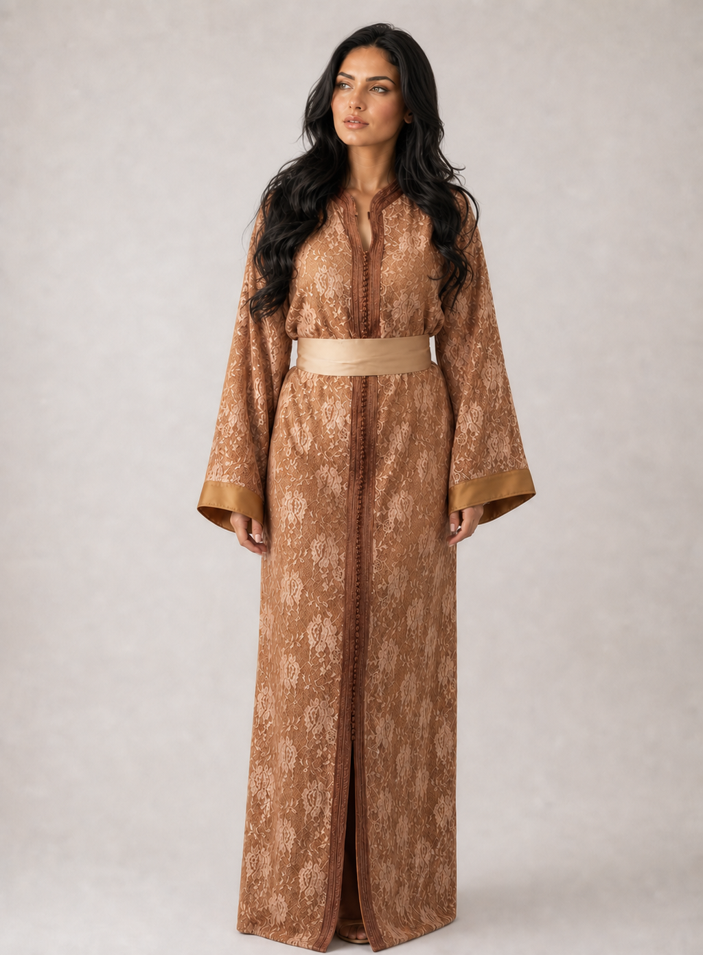 Luxury Brown Lace Belted Kaftan