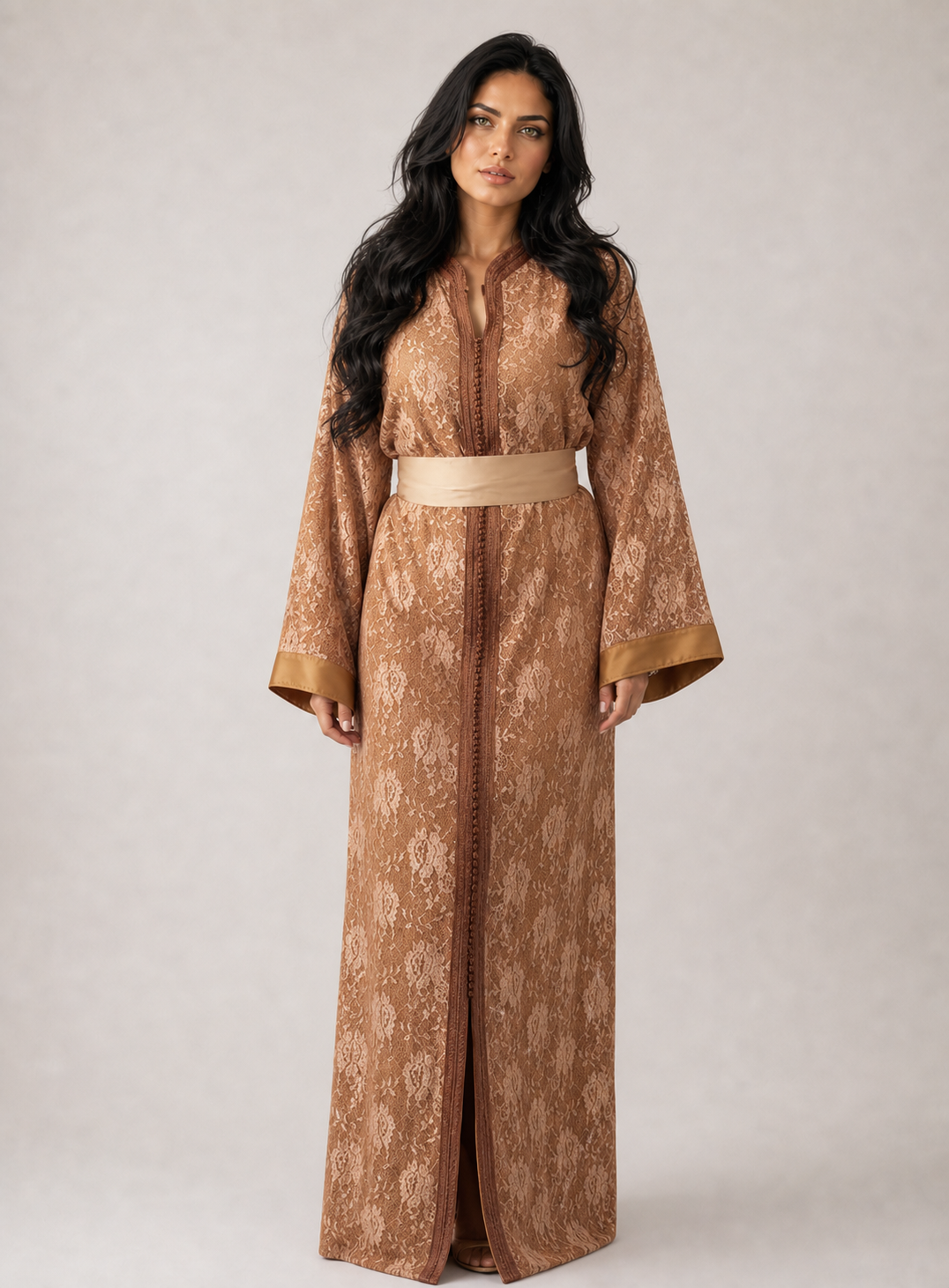 Luxury Brown Lace Belted Kaftan