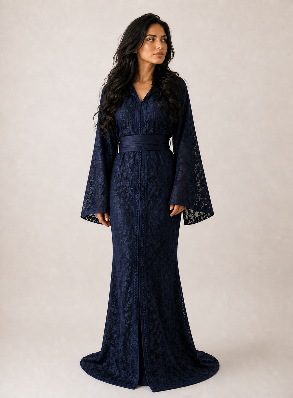 Luxury Navy Lace Belted Kaftan