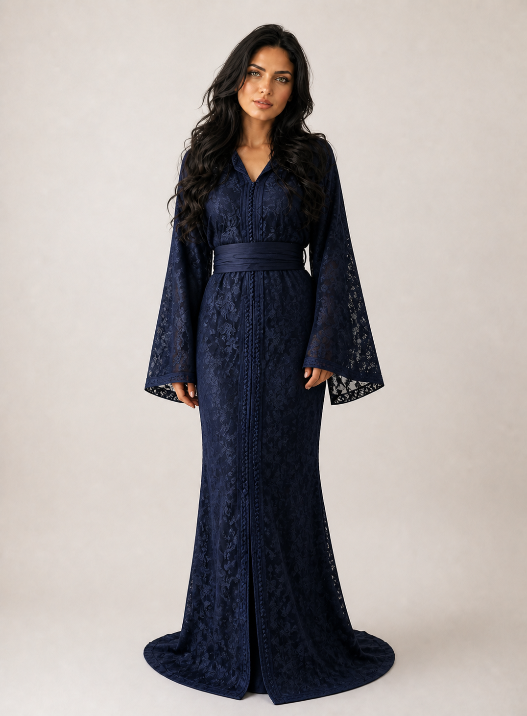Luxury Navy Lace Belted Kaftan