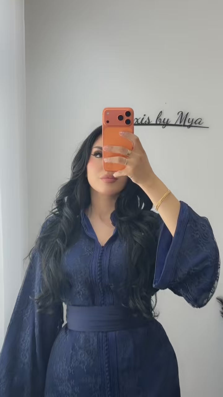 Luxury Navy Lace Belted Kaftan