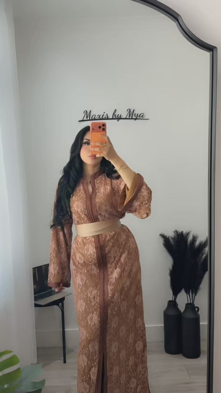 Luxury Brown Lace Belted Kaftan